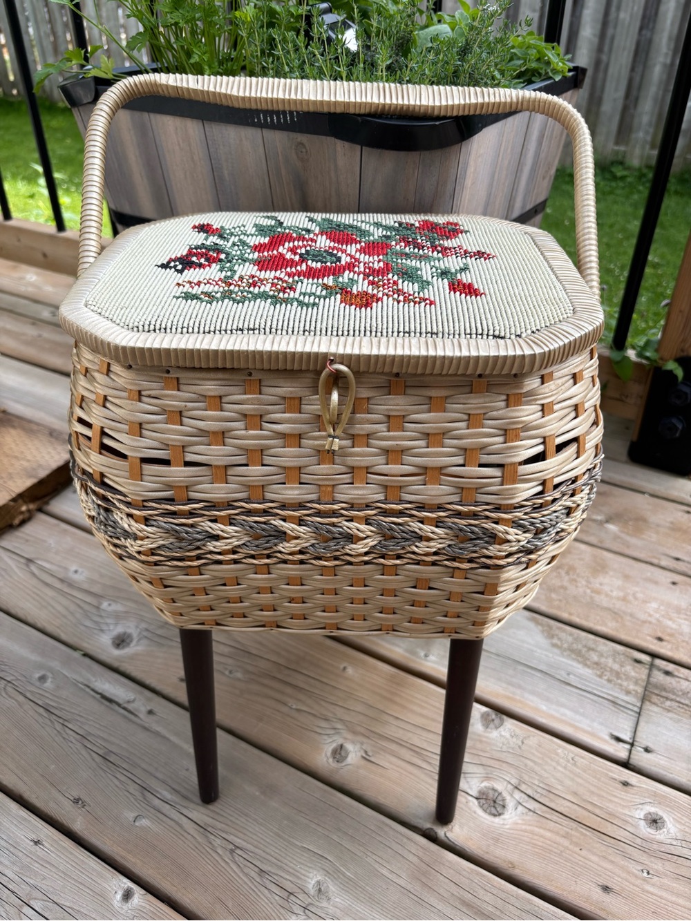 Vintage Eatons Woven Sewing Basket with Needlepoint Lid and Legs